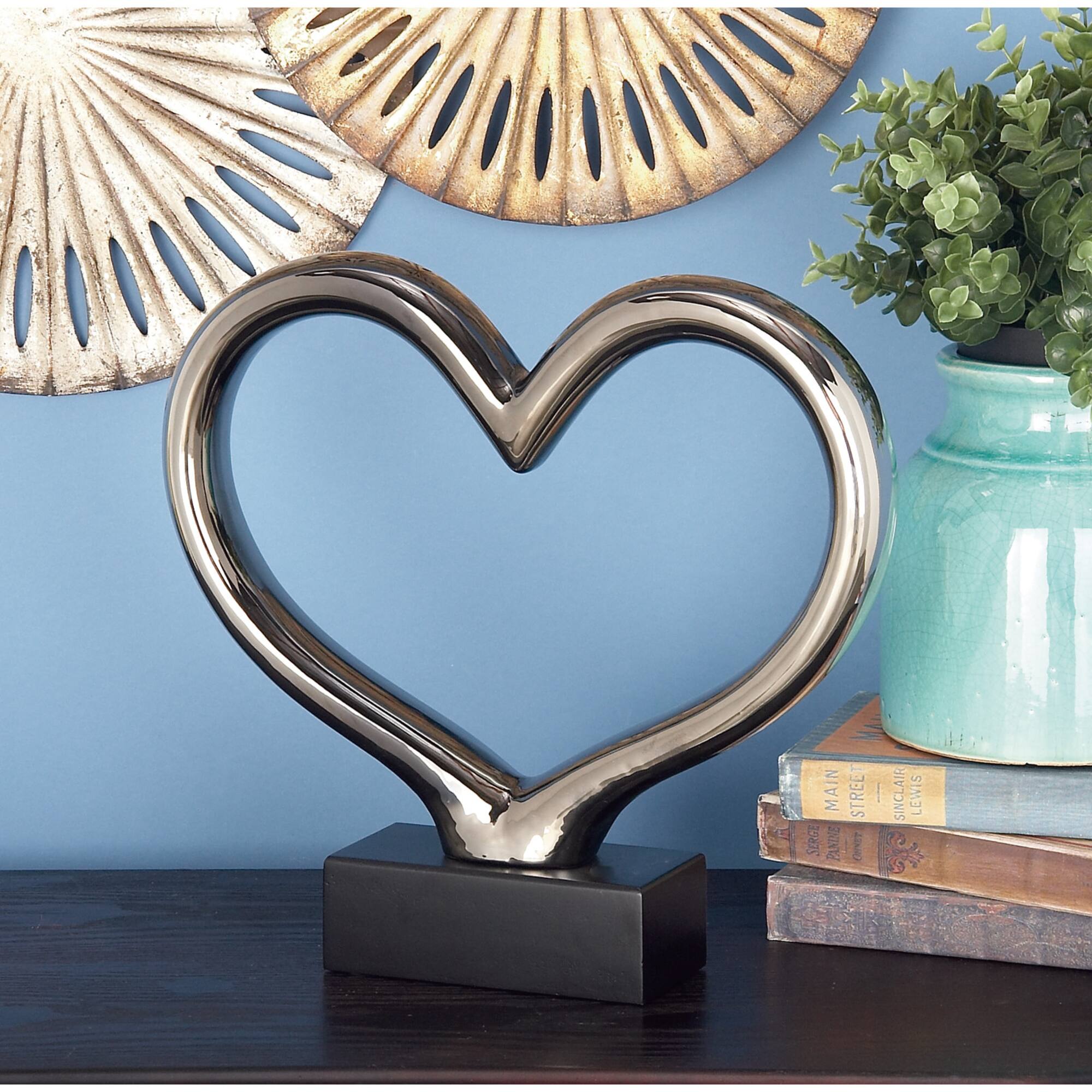 12" Silver Ceramic Contemporary Heart Sculpture